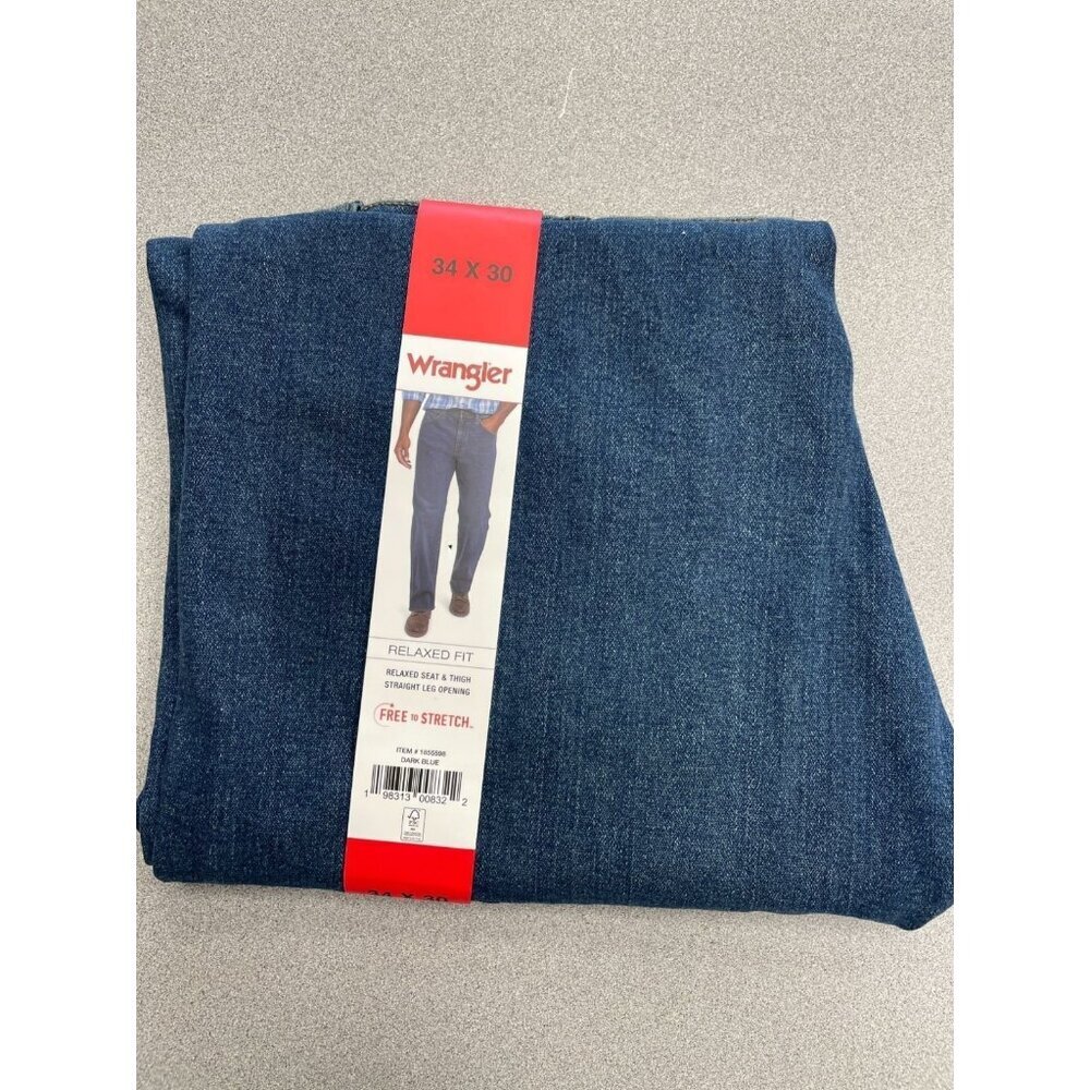 NEW Wrangler Men's 34X30 Relaxed Fit Straight Leg Jeans Stretch Denim Dark Blue - Picture 2 of 9